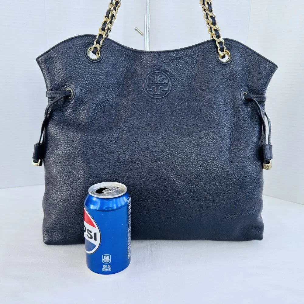 Tory Burch THEA Navy Blue Pebbled Leather‎ Gold Chain Shoulder Tote Bag